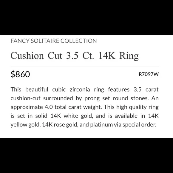 Luxury Authentic Birkat Elyon Cubic Zirconia Cushion Cut 3.5 ct 14K ring